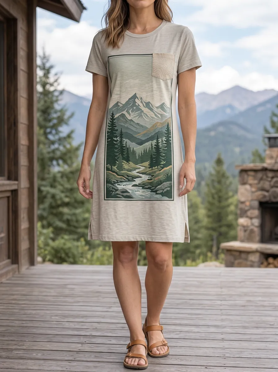 Women's Nature Lover Mountain Forest River Printed T-shirt Dress