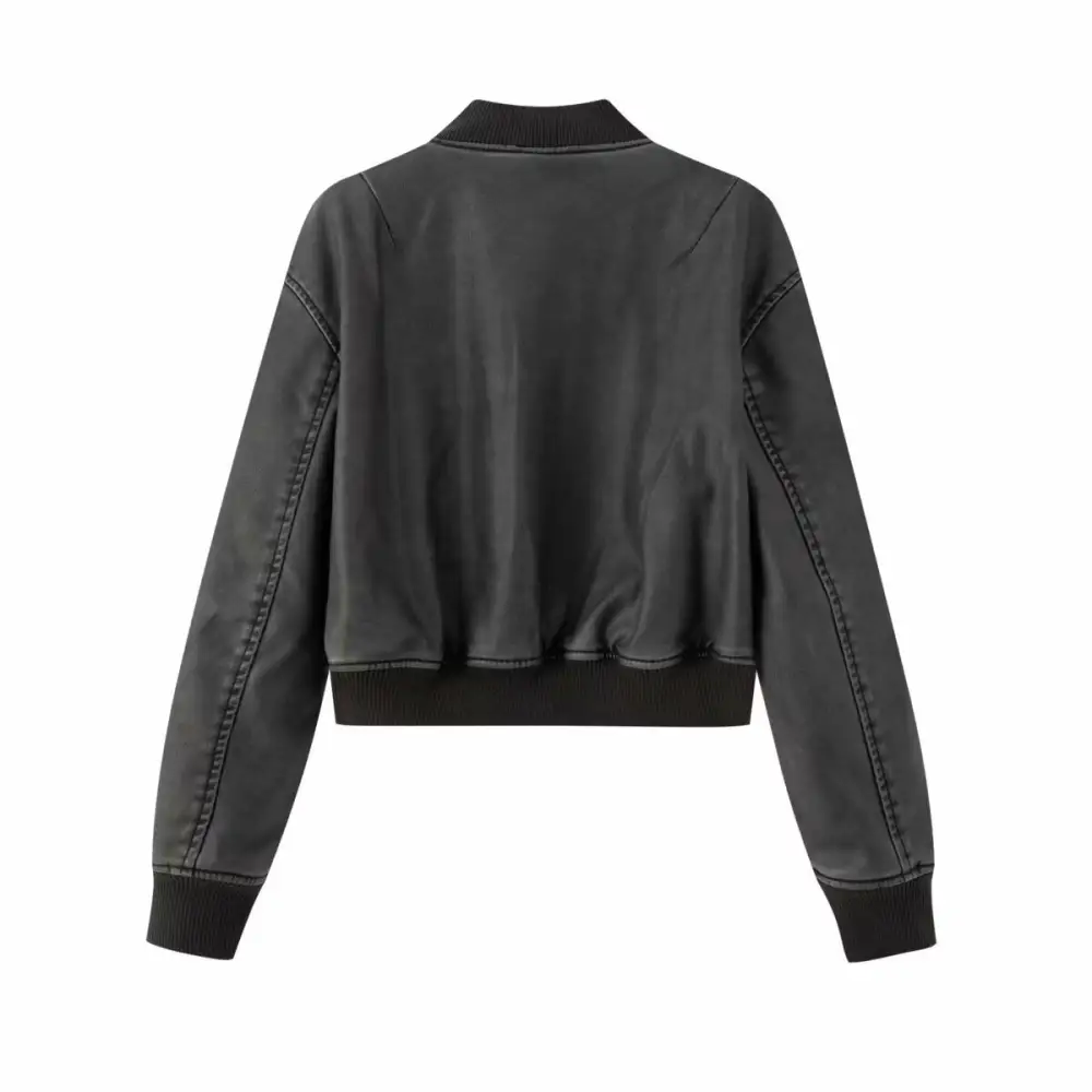 Relaxed Faux Leather Zip Front Ribbed Trim Bomber Jacket