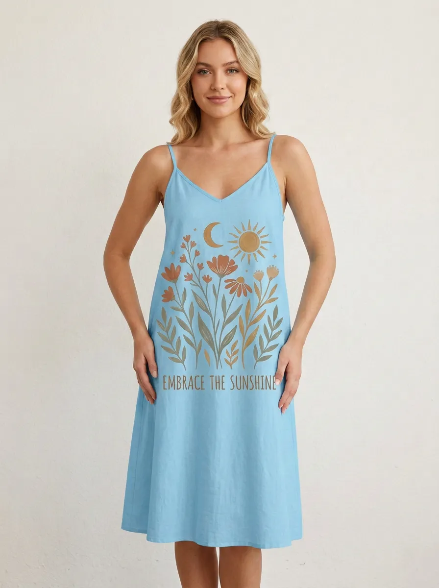 Boho Floral Sun Moon Spaghetti Strap Dress