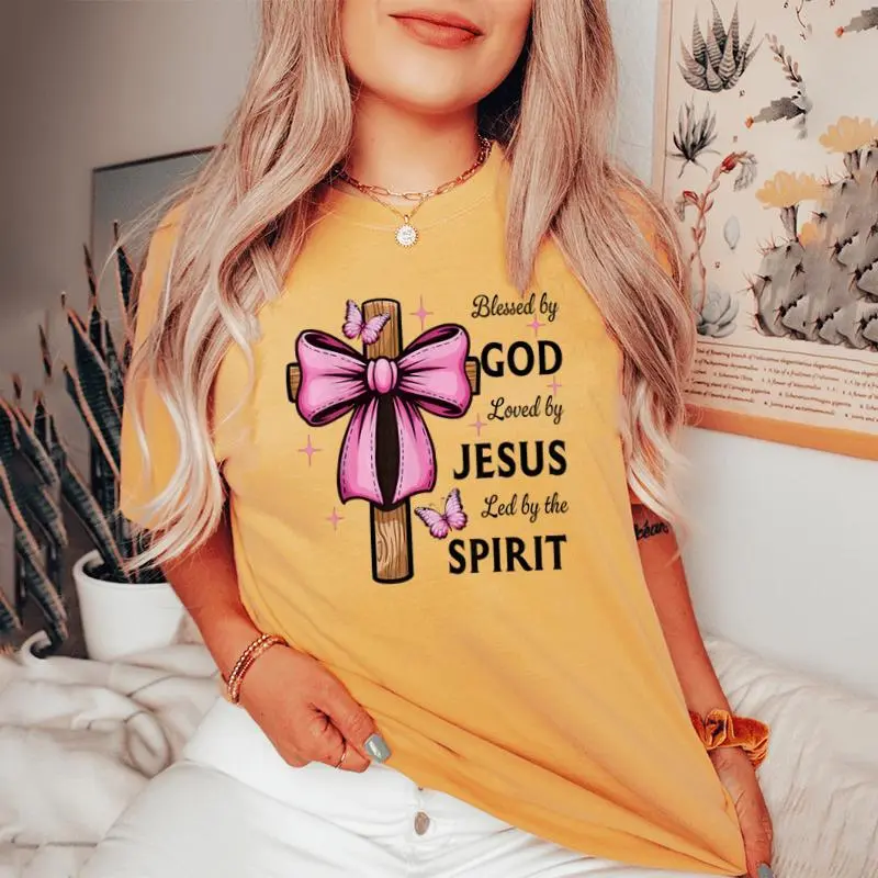 Blessed By God Loved By Jesus Pink Coquette Bow And Cross Women's Oversized Comfort T-shirt