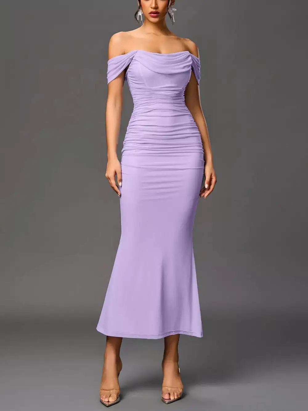 Relaxed Off Shoulder Ruched Mermaid Maxi Dress