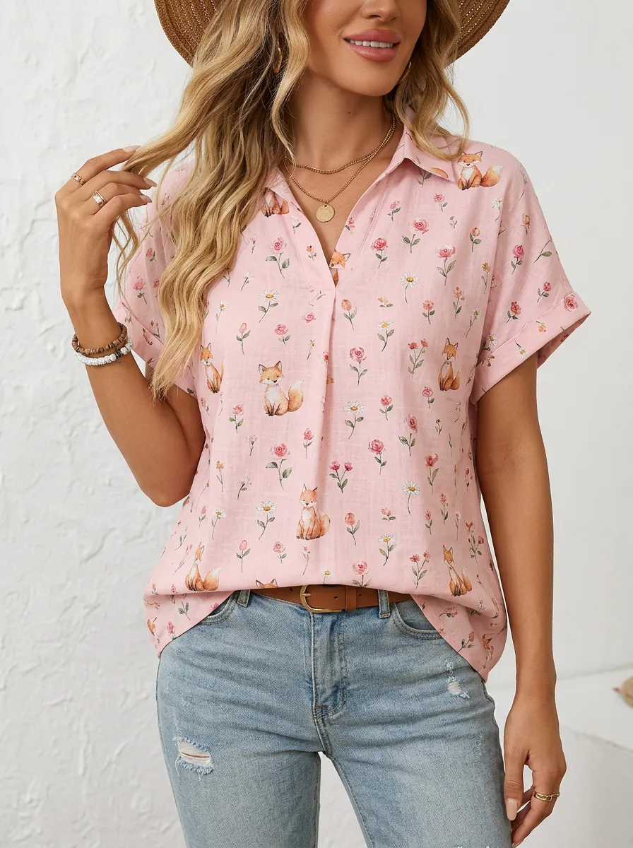 Fox Floral Nature Women's Loose Printed Blouse