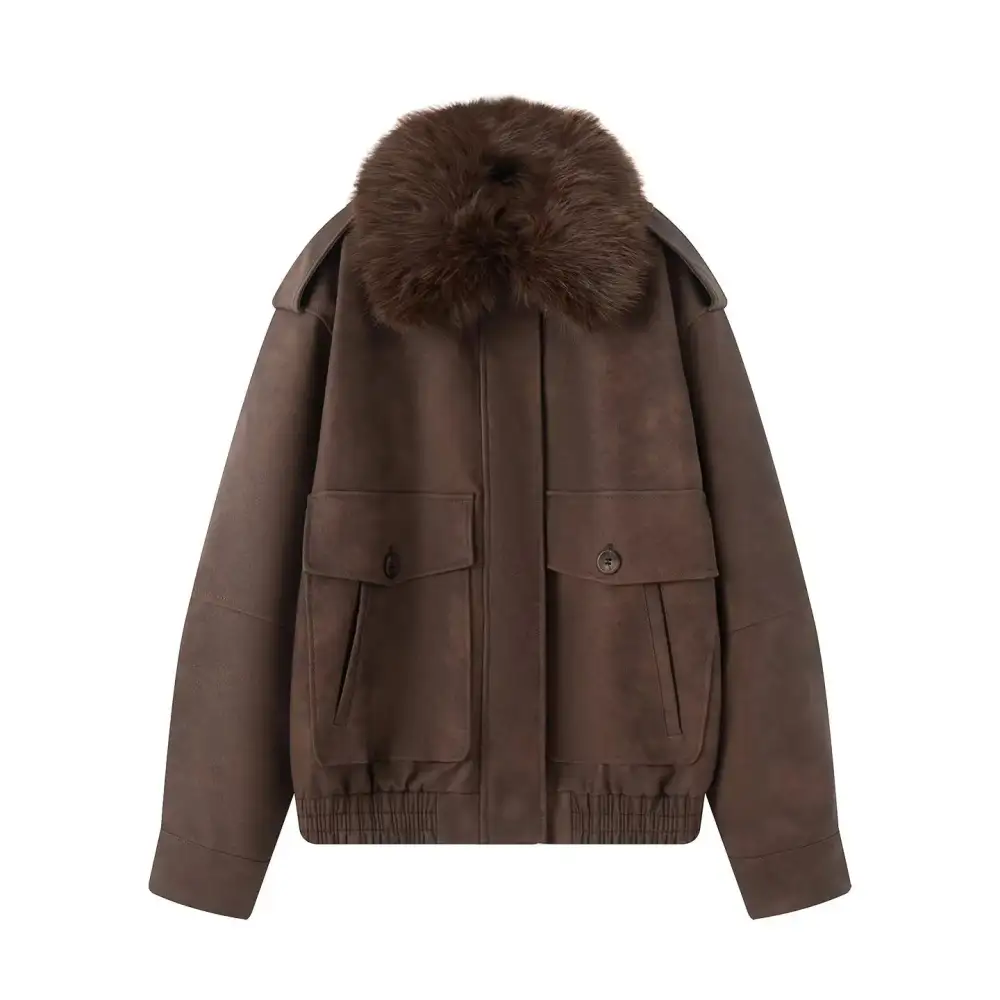 Aviator Quilted Faux Fur Flap Pocket Bomber Jacket