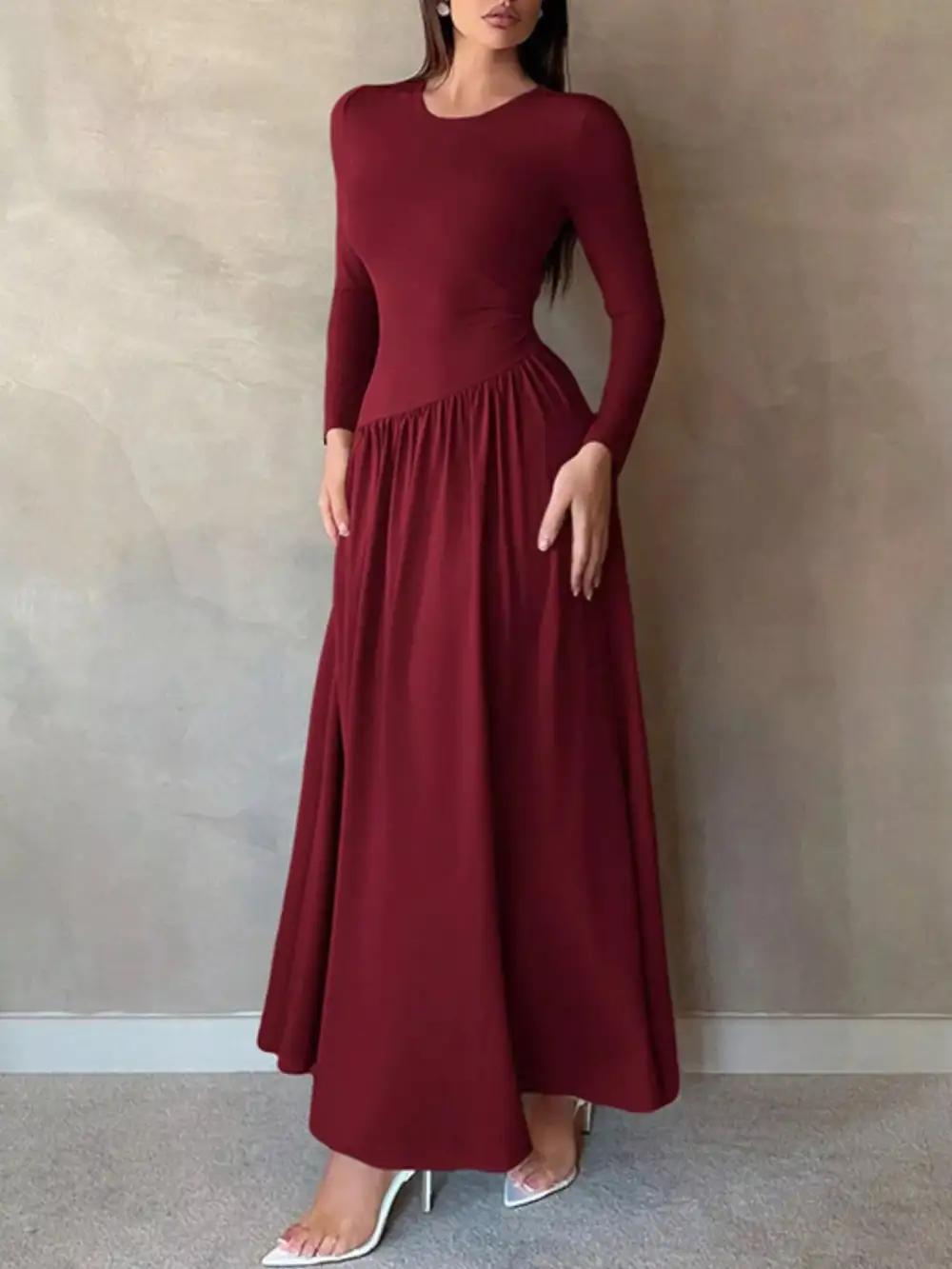 Long Sleeve Ruched A Line Maxi Dress