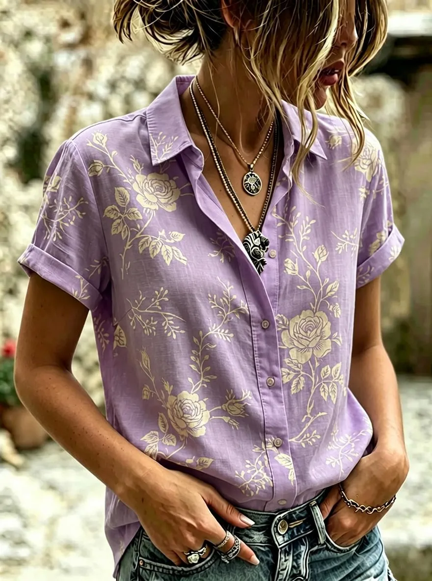 Women's Floral Botanical Rose Printed Short Sleeve Shirt