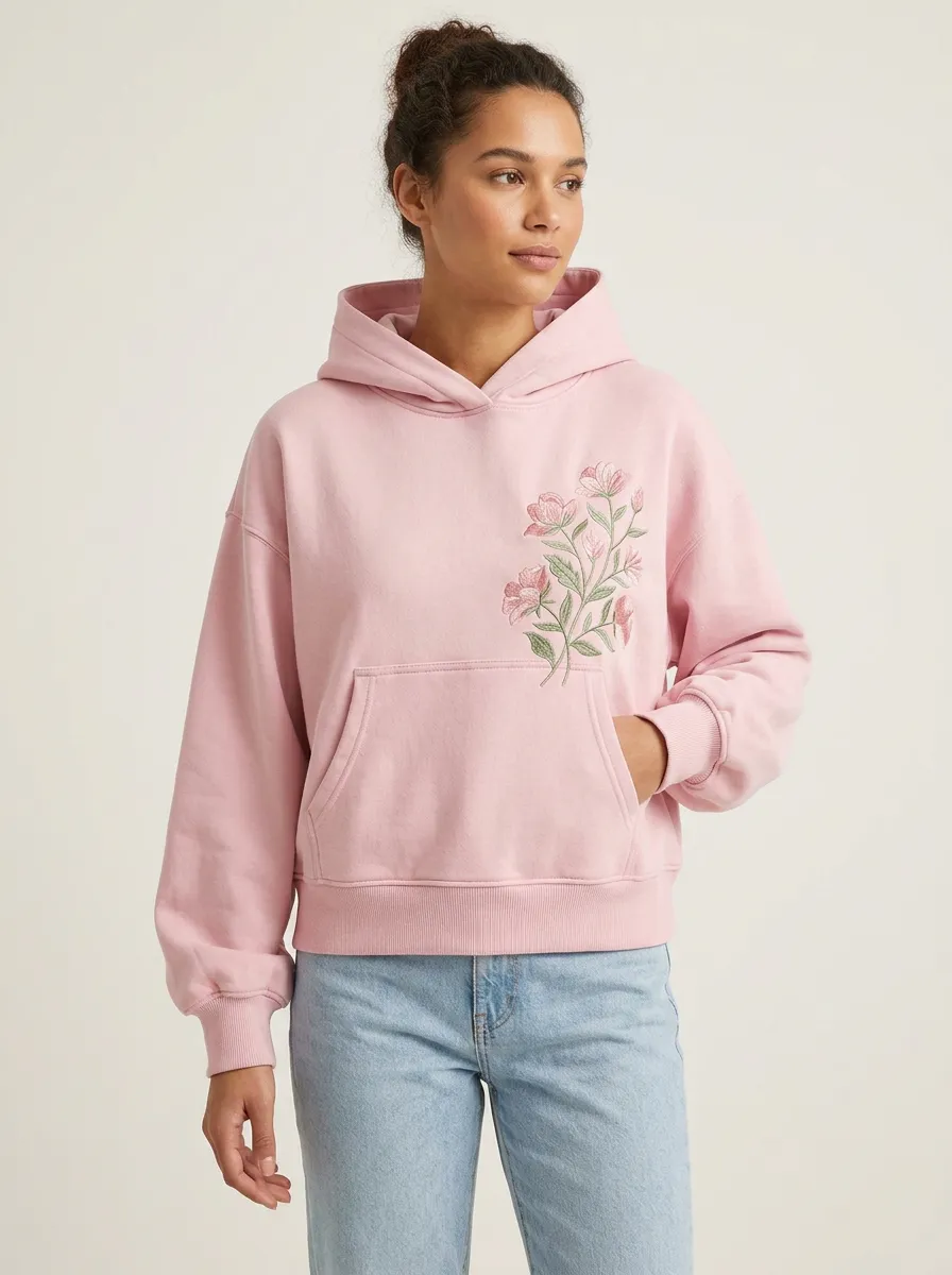 Women's Floral Lover Pink Flower Embroidered Printed Hoodie