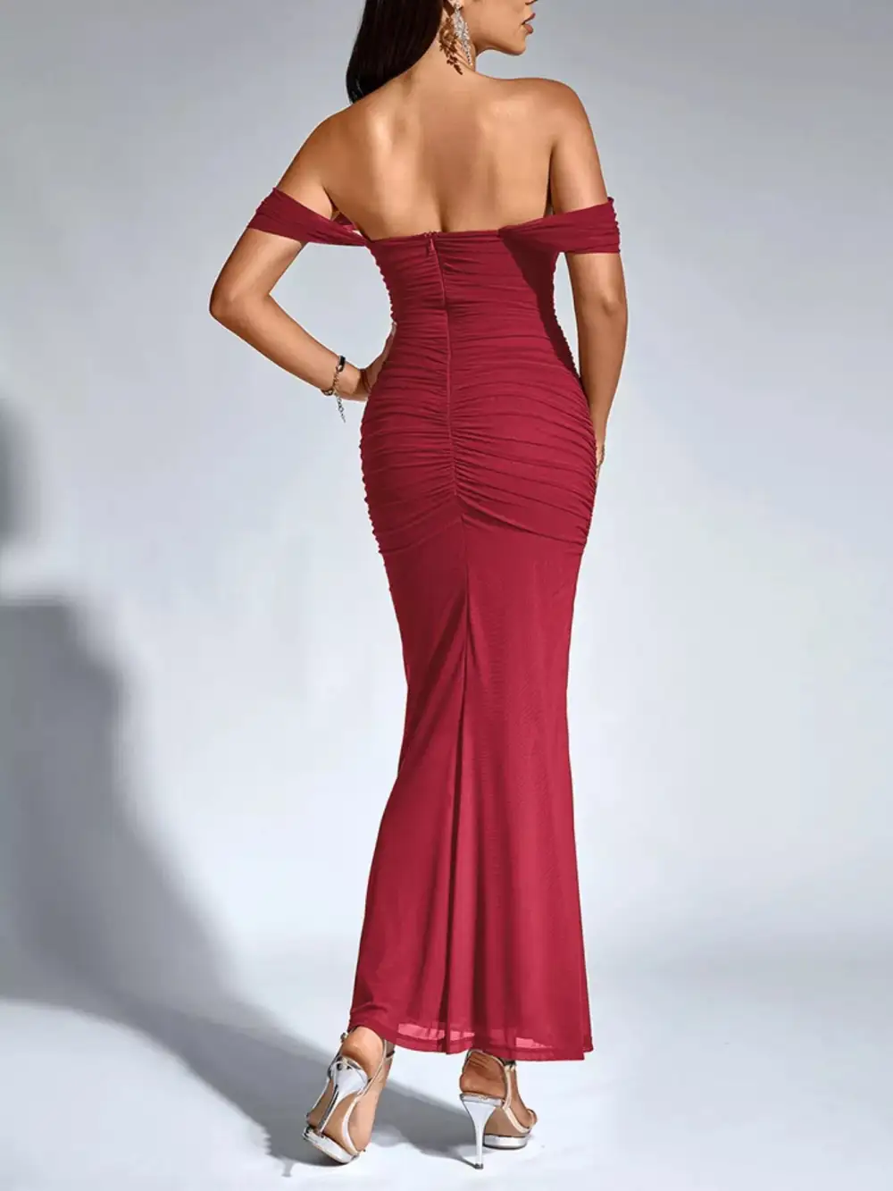 Relaxed Off Shoulder Ruched Mermaid Maxi Dress