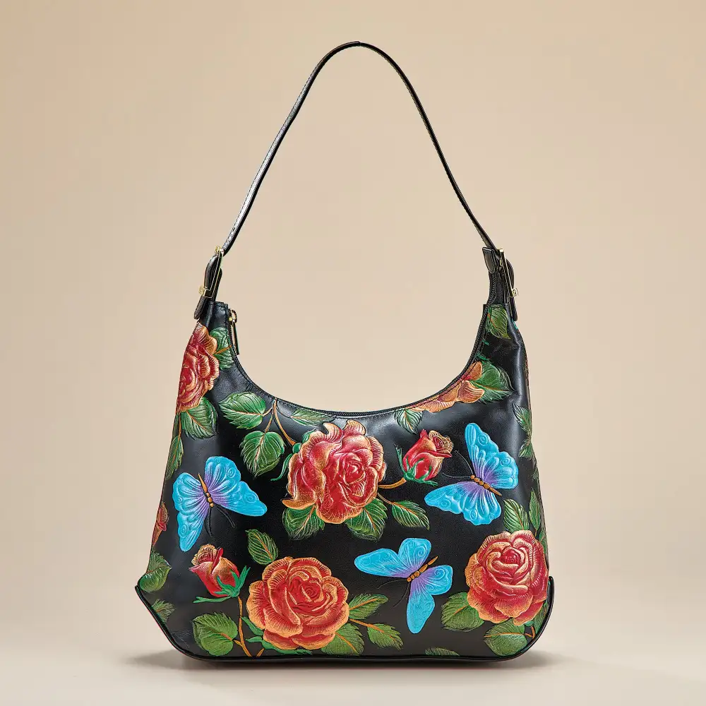 Leather Hand-Painted Rose Motif Butterfly Motif Crossbody Bag