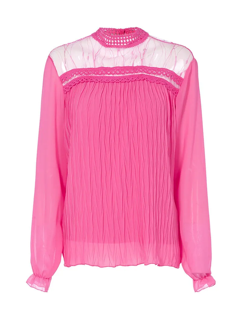 Long Sleeve Straight Fit Crochet Detail Blouse