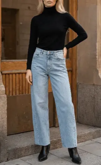 High Waist Vintage Style Barrel Leg Cropped Raw Hem Denim Jeans