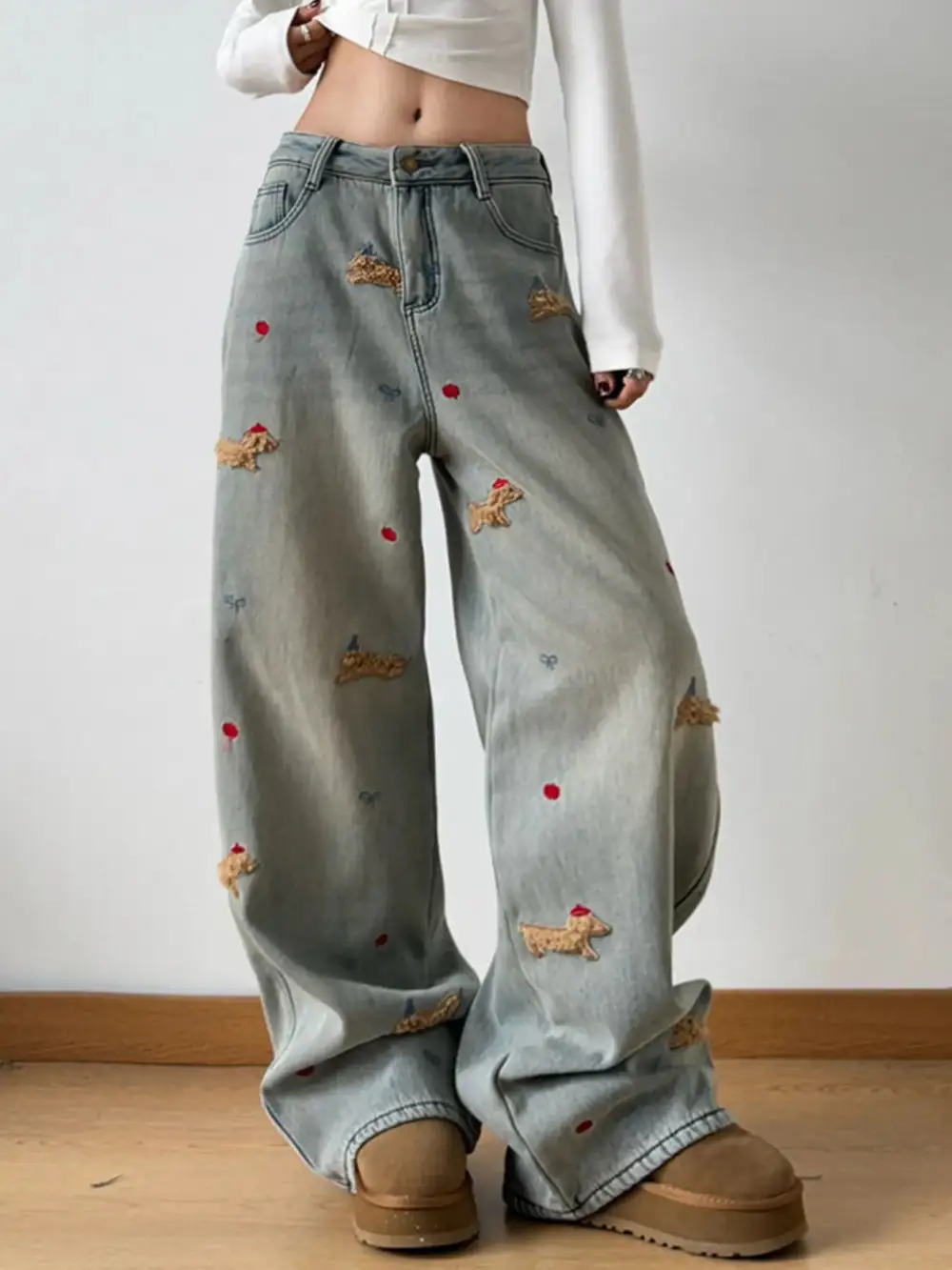Polished Wide Leg Embroidered Denim Jeans