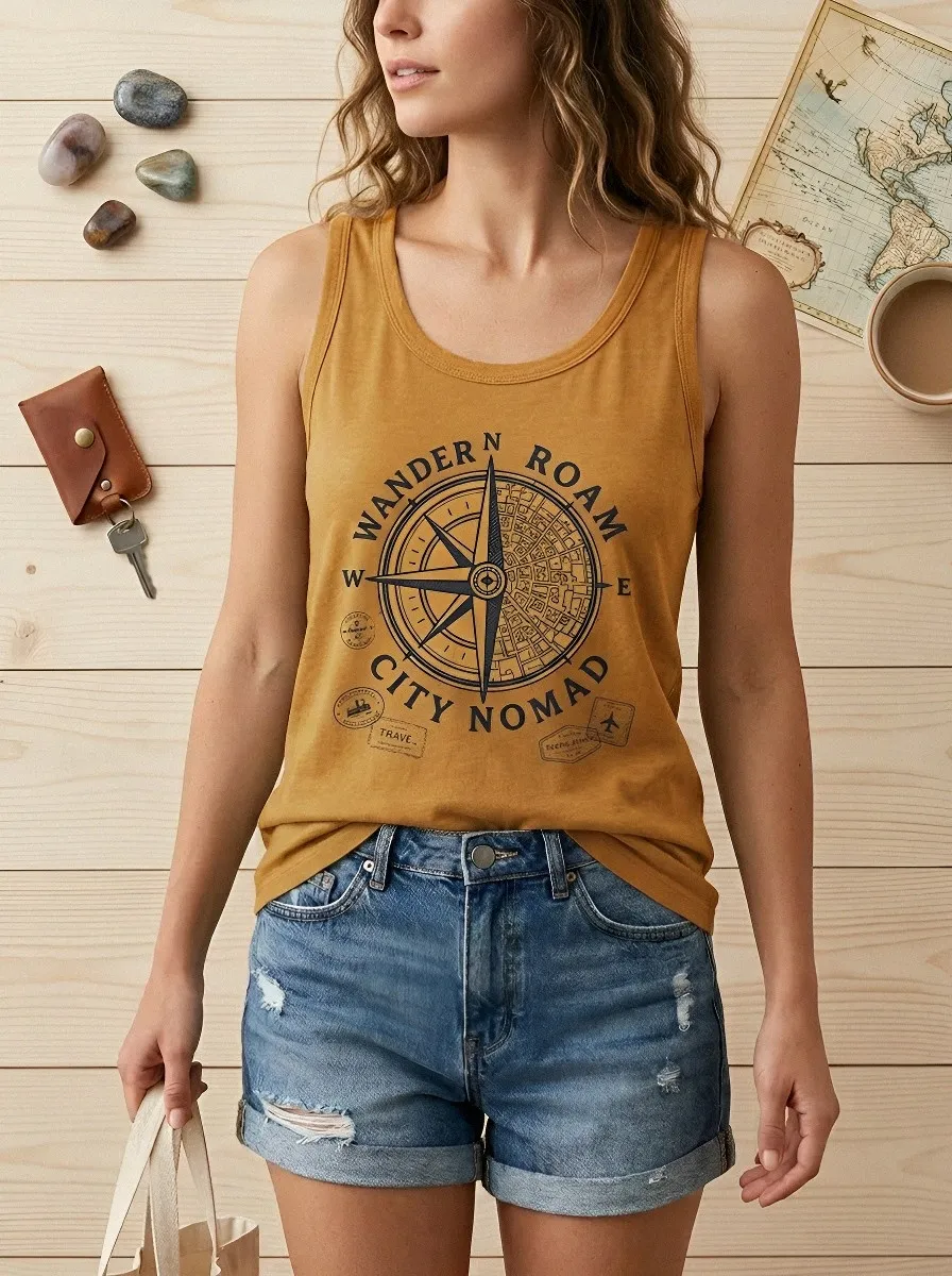 Women's Travel Lover Compass Map Printed Tank Top