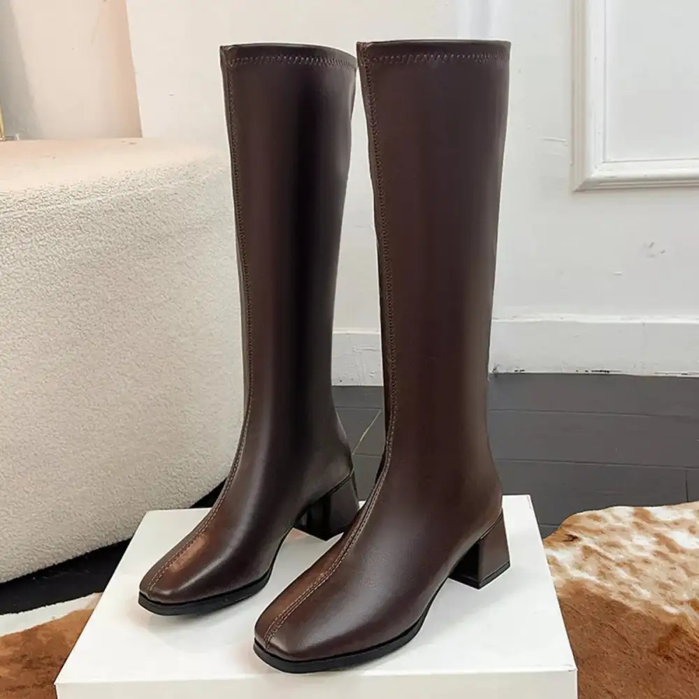 Classic Square Toe Block Heels Boots