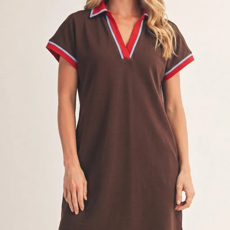 Classic Striped Short Sleeve Collared Knit Dress