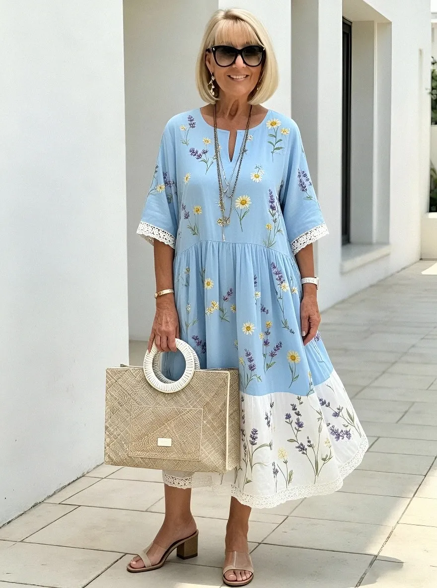 Women's Summer Vacation Floral Botanical Printed Midi Dress