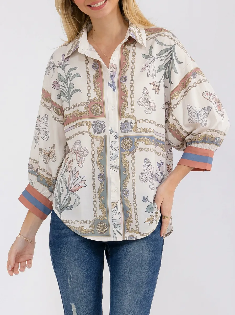 Women's Vintage Butterfly Chain Floral Printed Button-Down Shirt