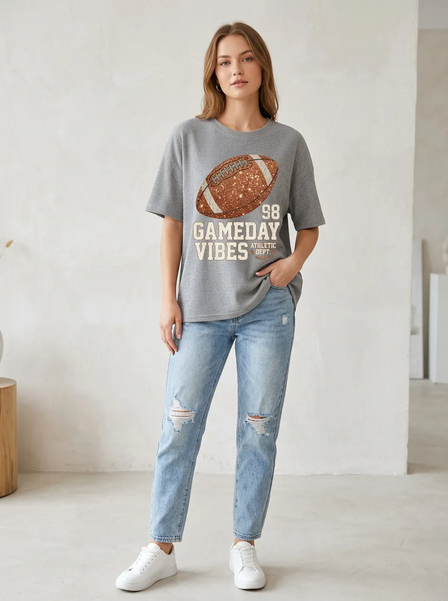 Women's Football Lover Gameday Vibes Glitter Ball Printed T-shirt