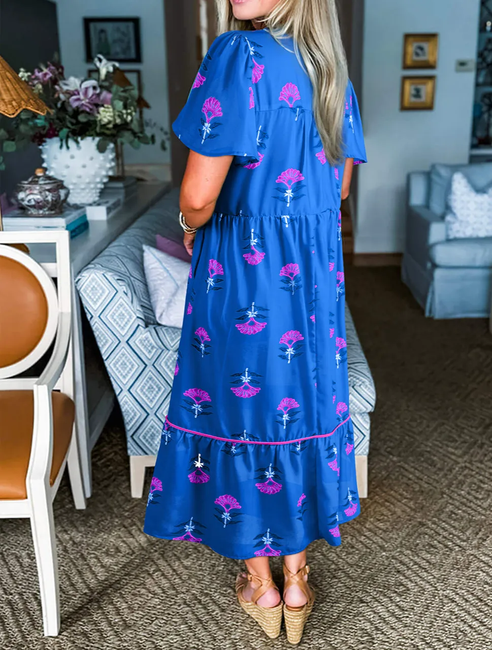 Maxi Floral Print Notched Neck Butterfly Sleeve Shift Long