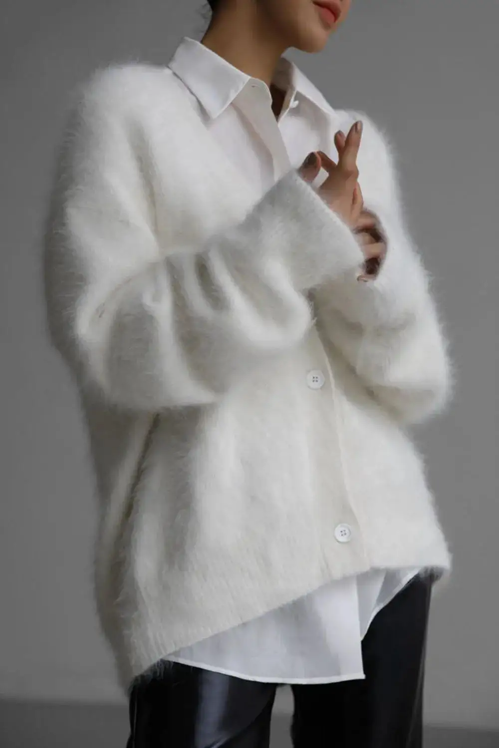 Button Down Fuzzy Long Sleeve Cardigan