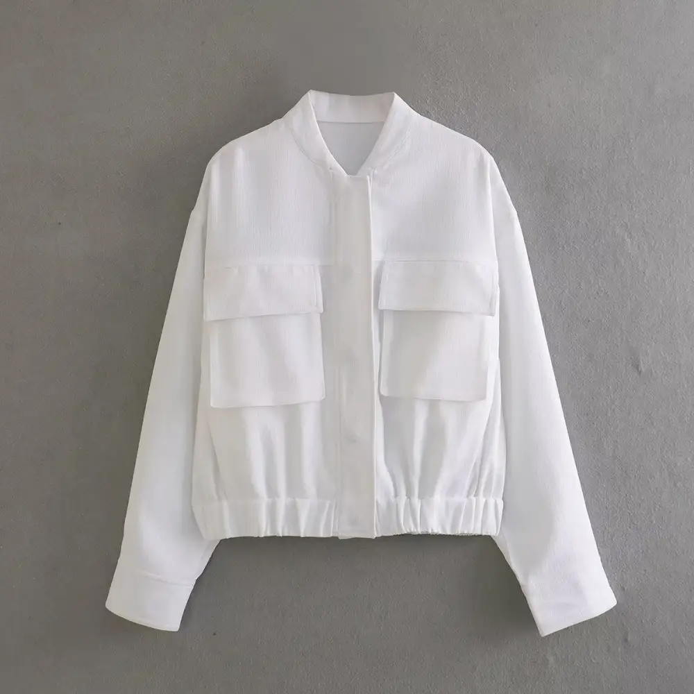 Tailored Shirt Collar Elastic Hem Bomber Jacket
