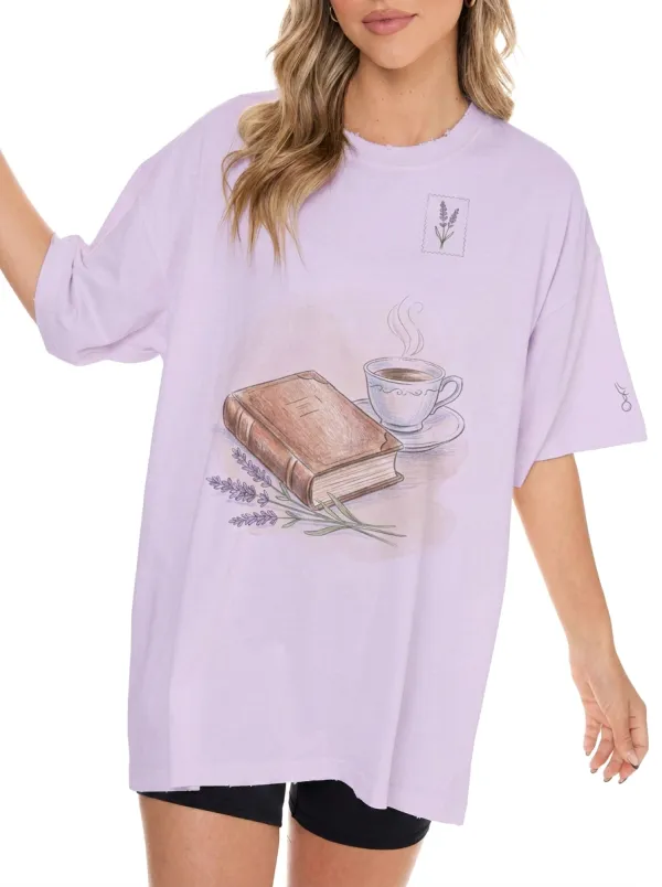Women's Book Lover Coffee Lavender Printed T-shirt