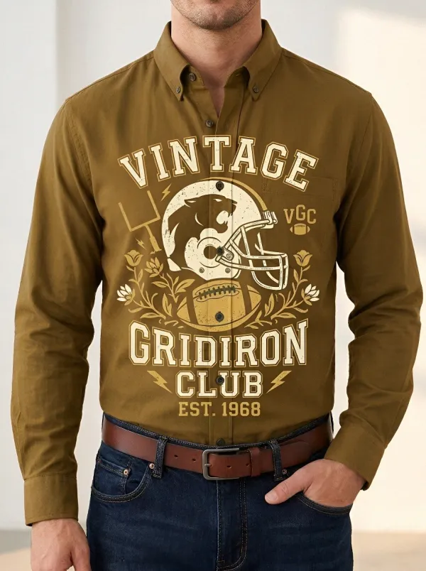 Men's Vintage Gridiron Club Football Helmet Printed Button-Down Shirt