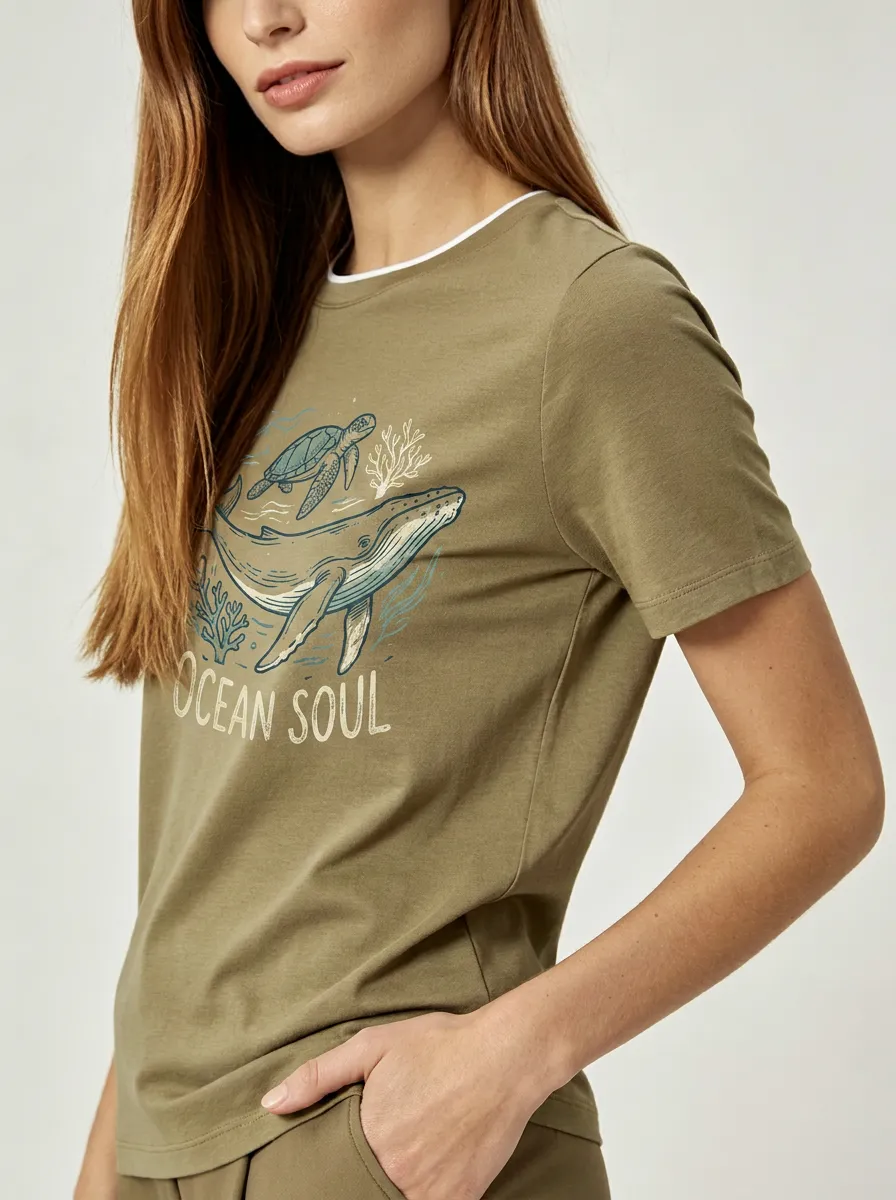 Women's Ocean Lover Whale Turtle Printed T-shirt