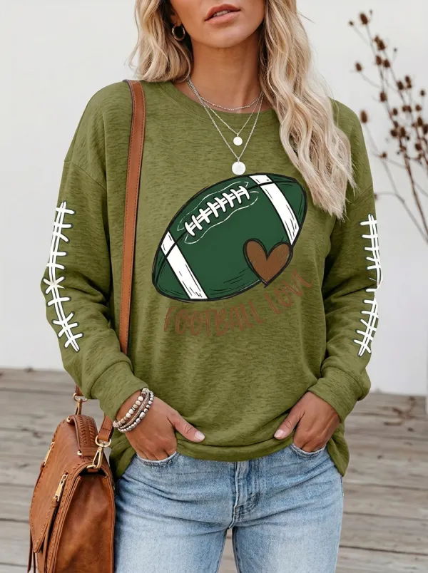 Women's Retro Inspired Gridiron Heart Ball Love Crewneck Long Sleeve T-Shirt