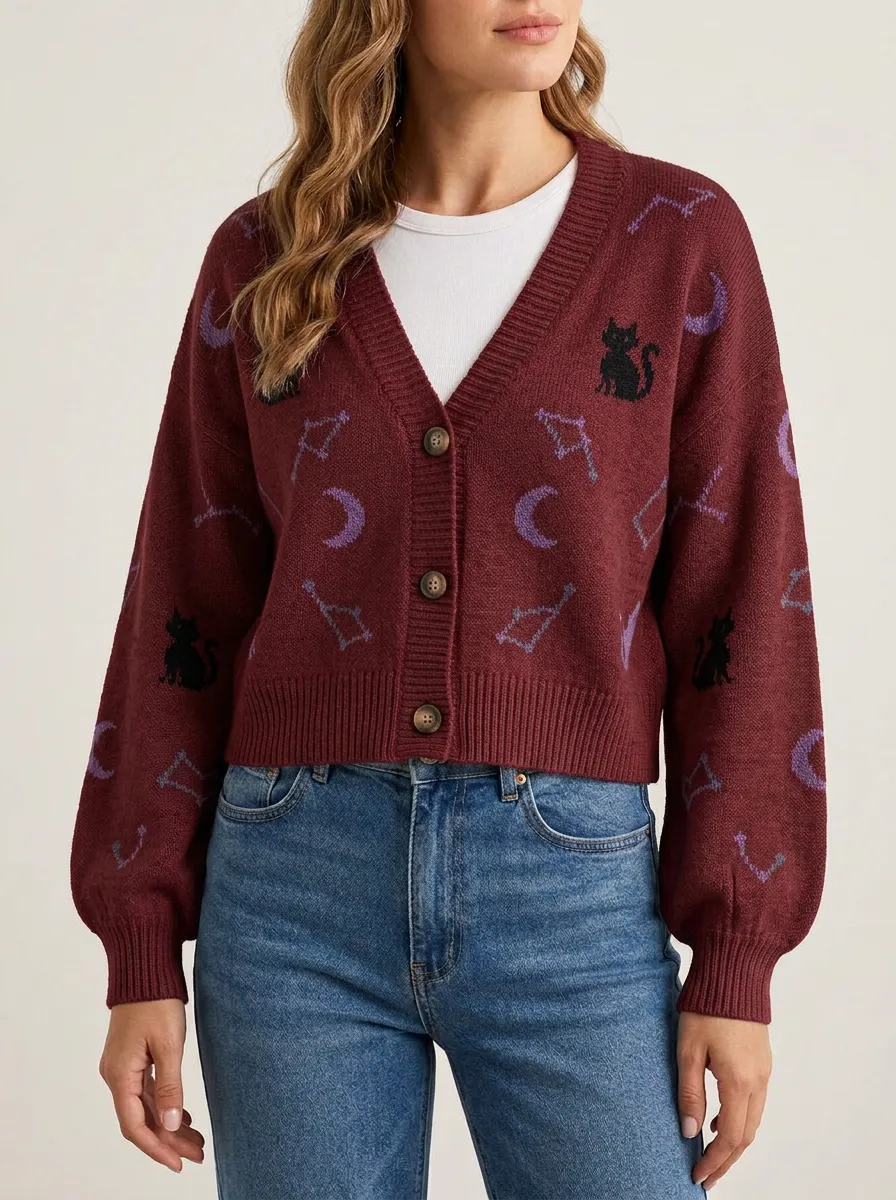 Women's Halloween Celestial Black Cat Moon Constellation Patterned Cardigan