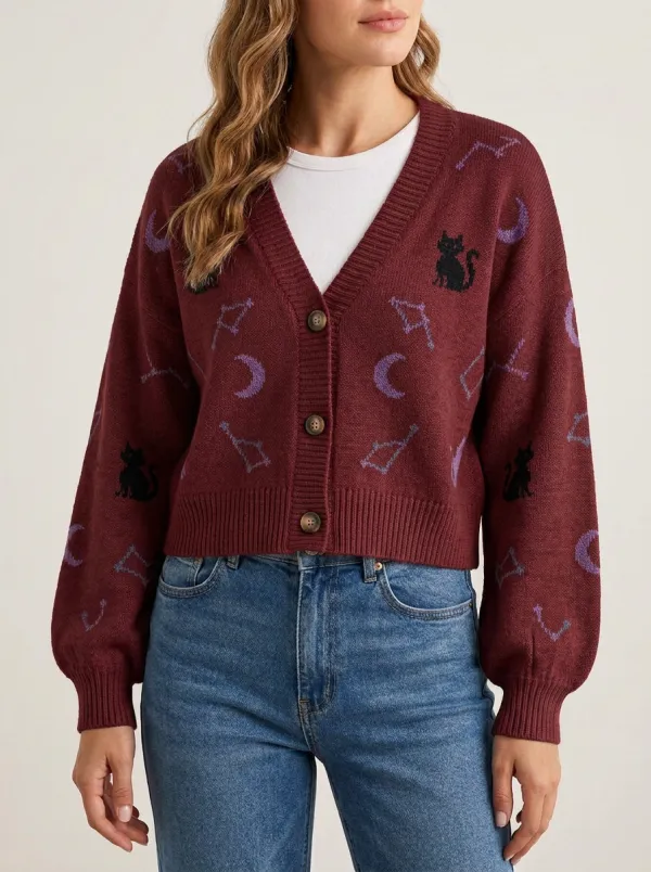 Women's Halloween Celestial Black Cat Moon Constellation Patterned Cardigan