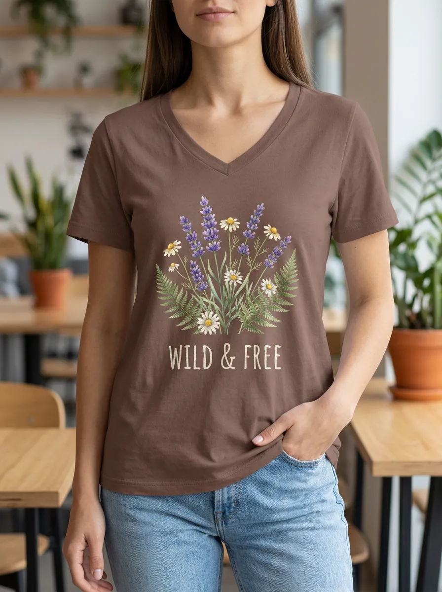 Women's Wild & Free Lavender Daisy Fern Printed V-neck T-shirt