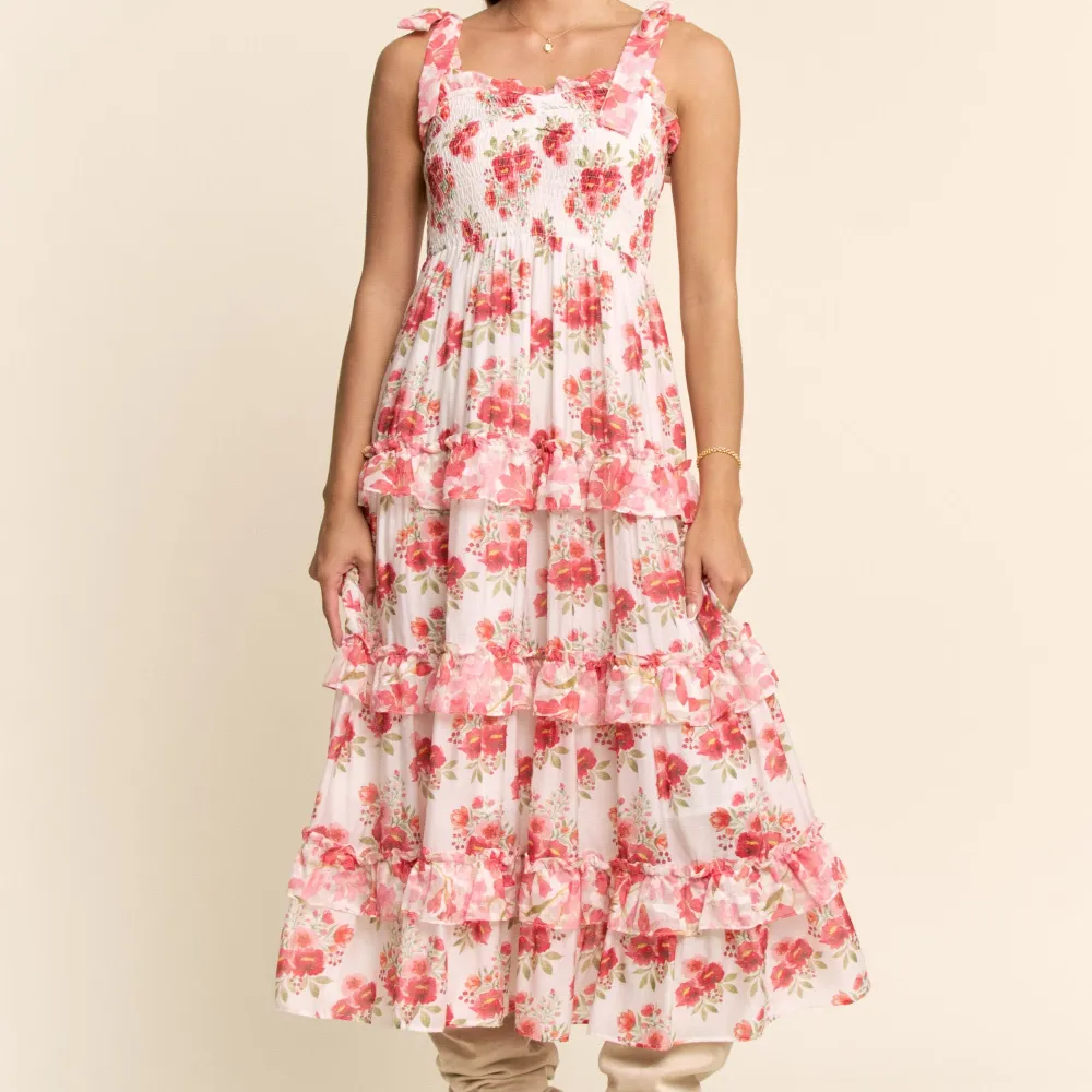 Modern Floral Smocked Tiered Ruffle Detail Dress