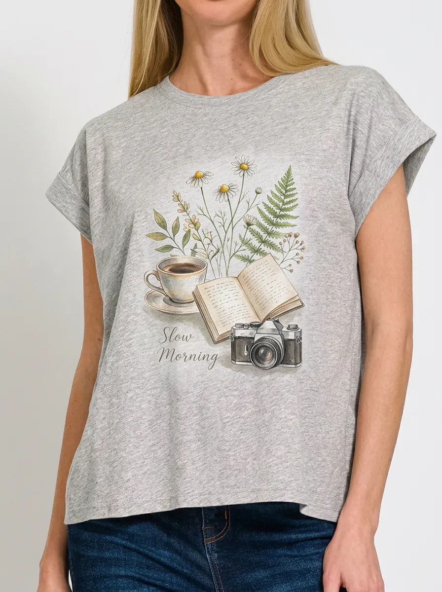Women's Book Coffee Camera Floral Slow Morning Printed T-shirt