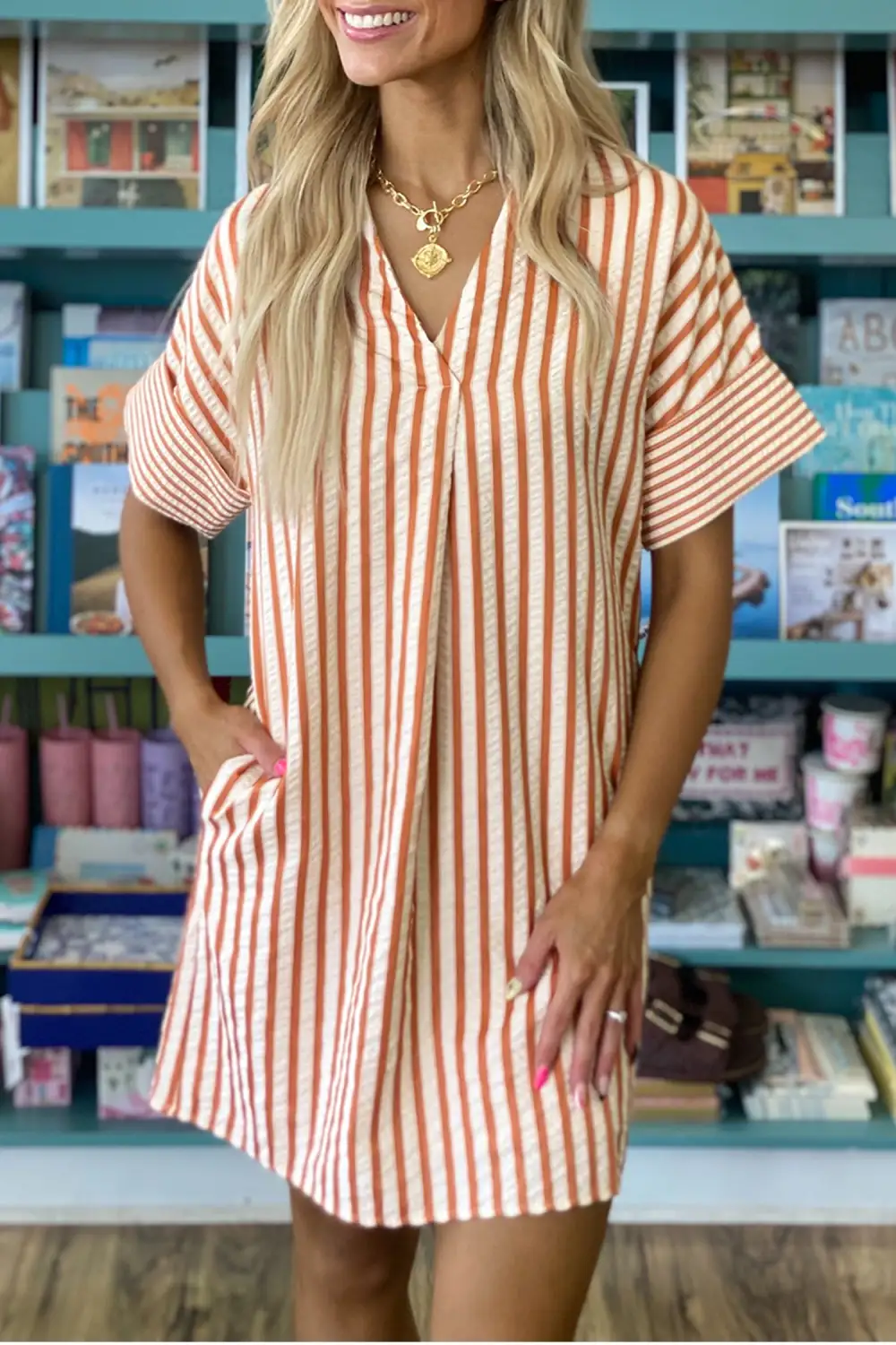 Striped V-Neck Shift Mini Dress