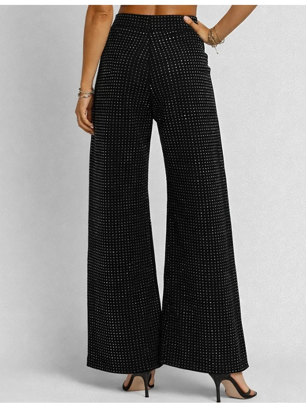 Chic Rhinestone Sparkle Button Wide Leg Denim Pants