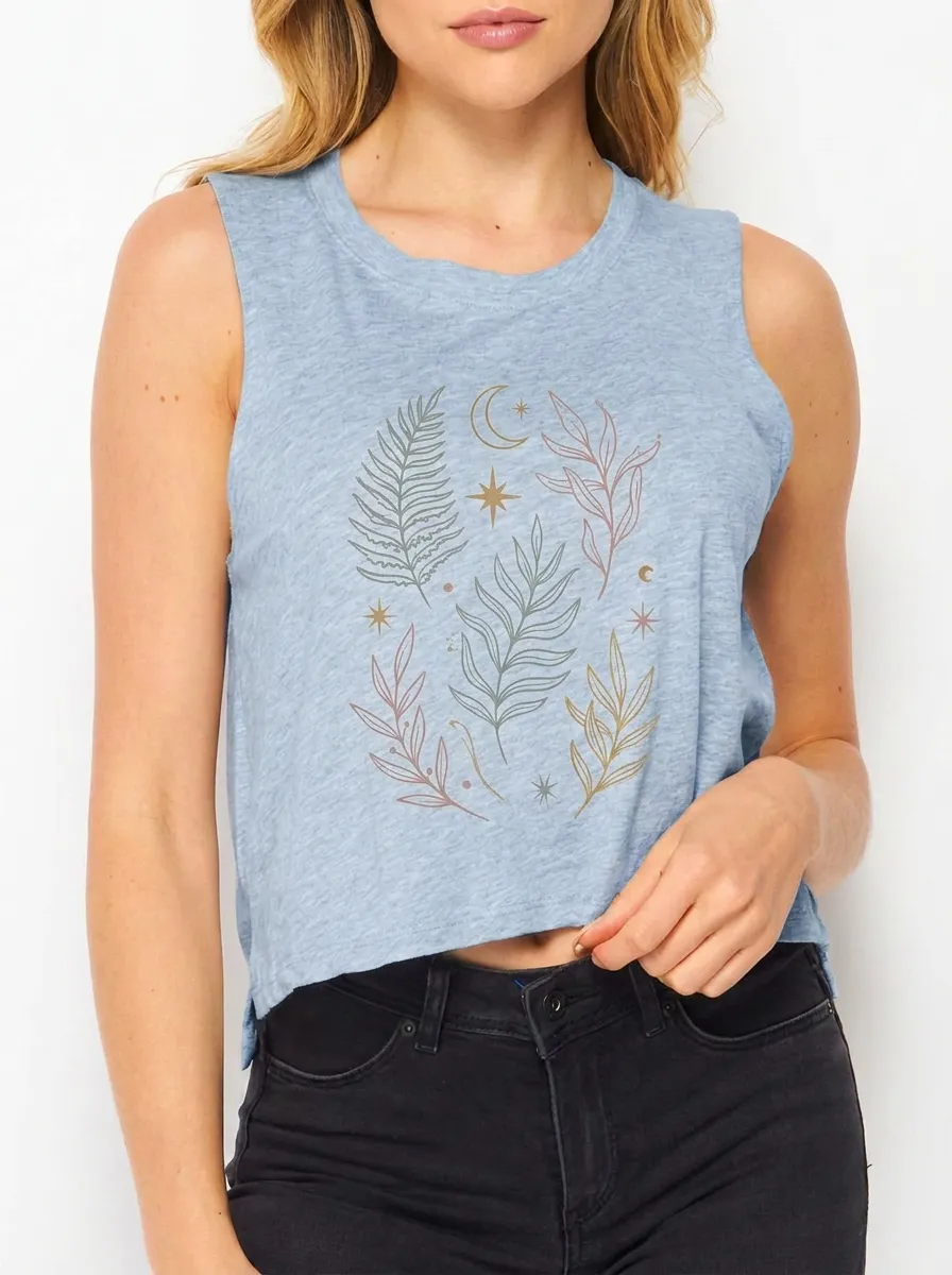 Women's Celestial Botanical Fern Moon Stars Printed Crop Tank Top