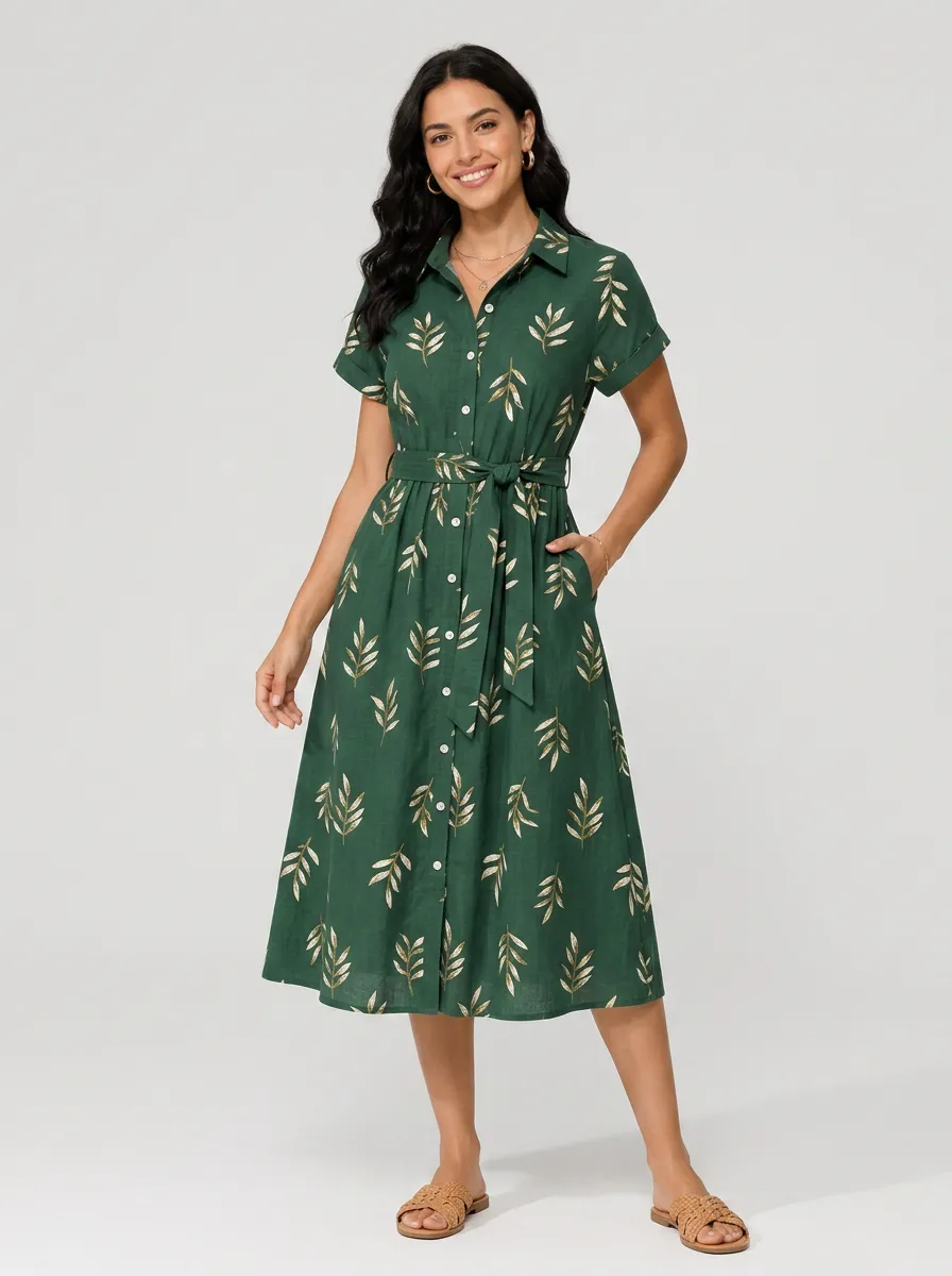 Women's Botanical Nature Lover Gold Leaf Printed Shirt Dress