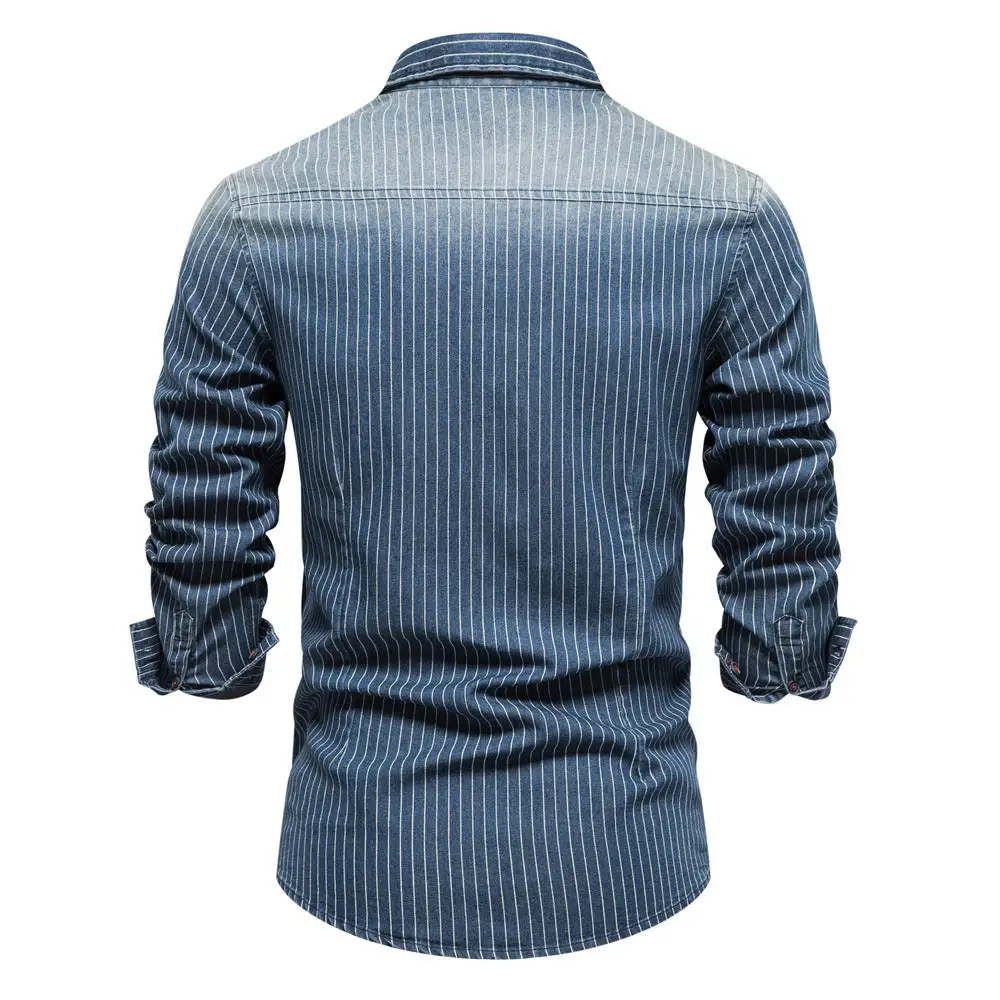 Men's Tailored Long-Sleeve Denim Shirt With Pinstripes And Patch Pockets