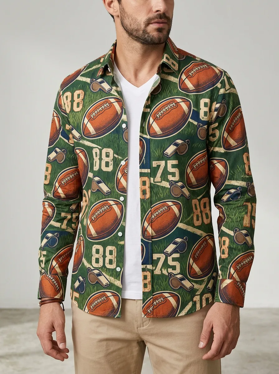 Men's American Football Fan Whistle Number Printed Long Sleeve Shirt