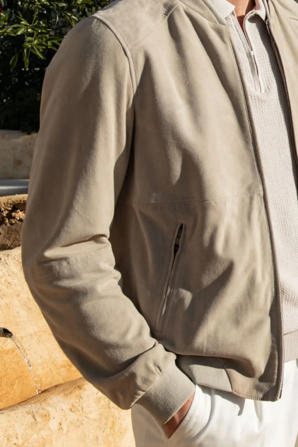 Stone Soft Suede Bomber Jacket
