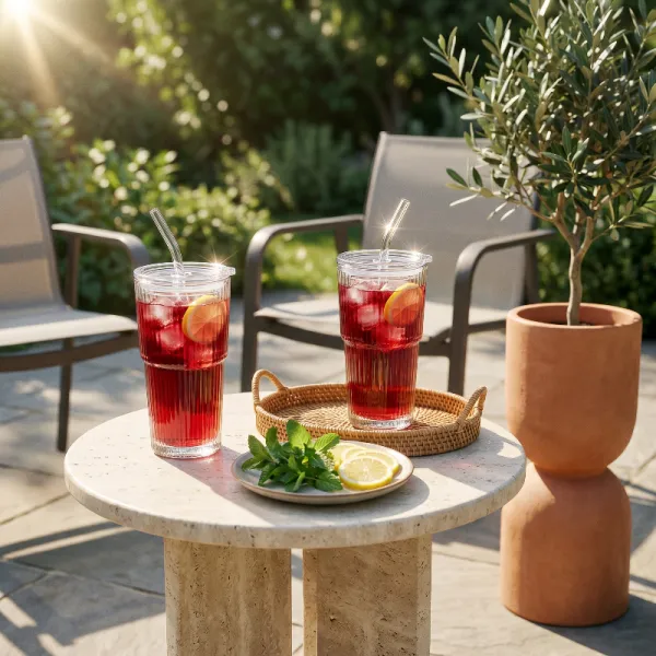 Ribbed Glass Tumbler With Straw And Lid