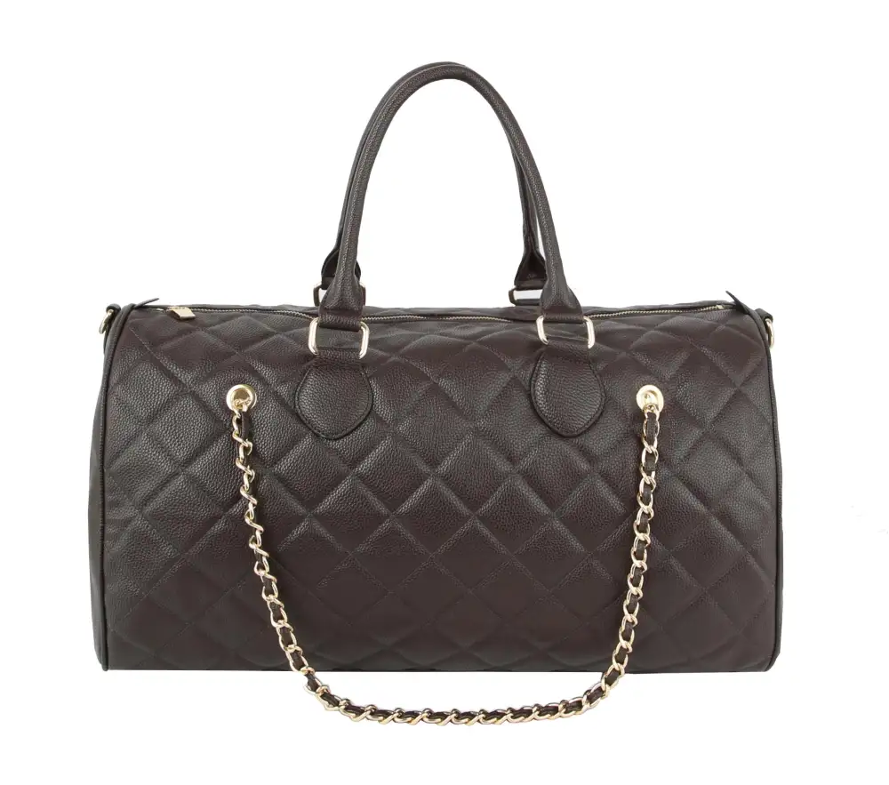 Quilted Chain Accent Pocketed Faux Leather Travel Carry Case