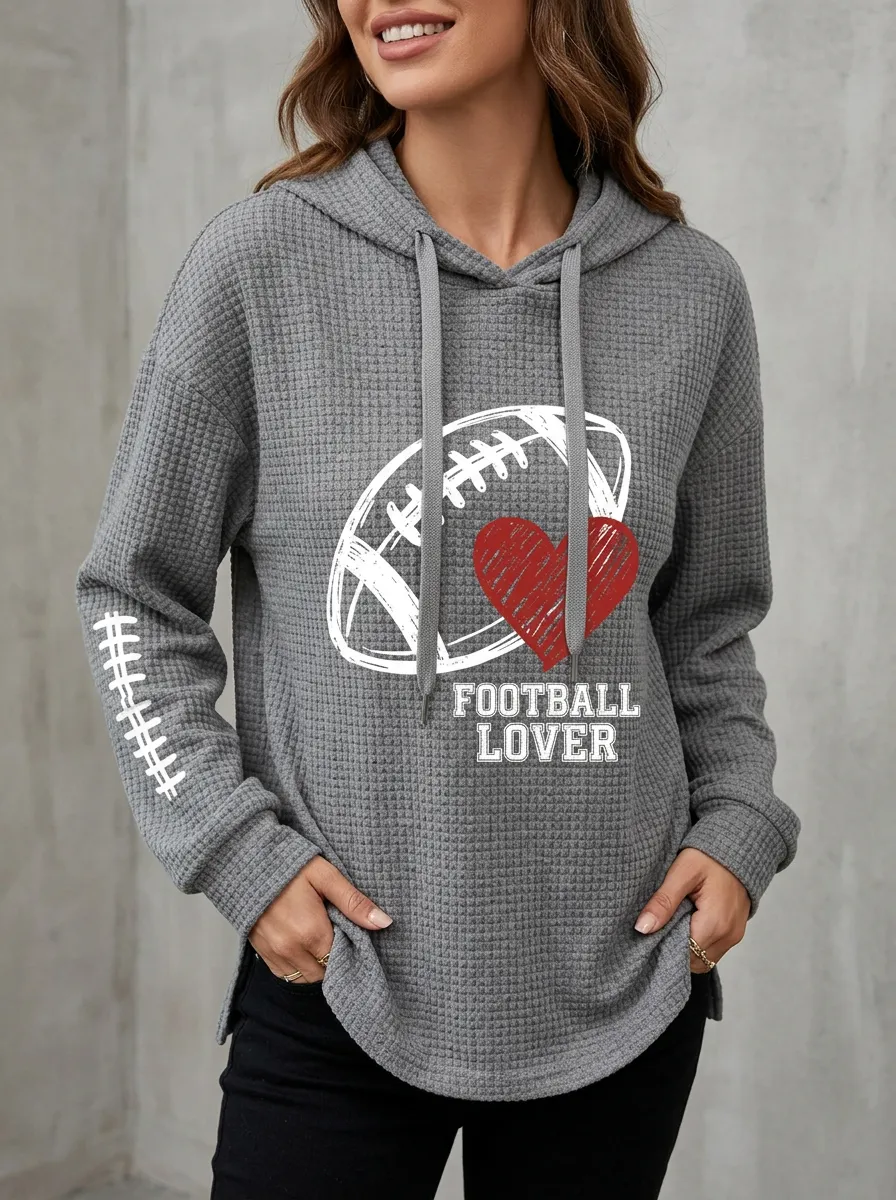 Women's Football Lover Heart Graphic Printed Waffle Hoodie