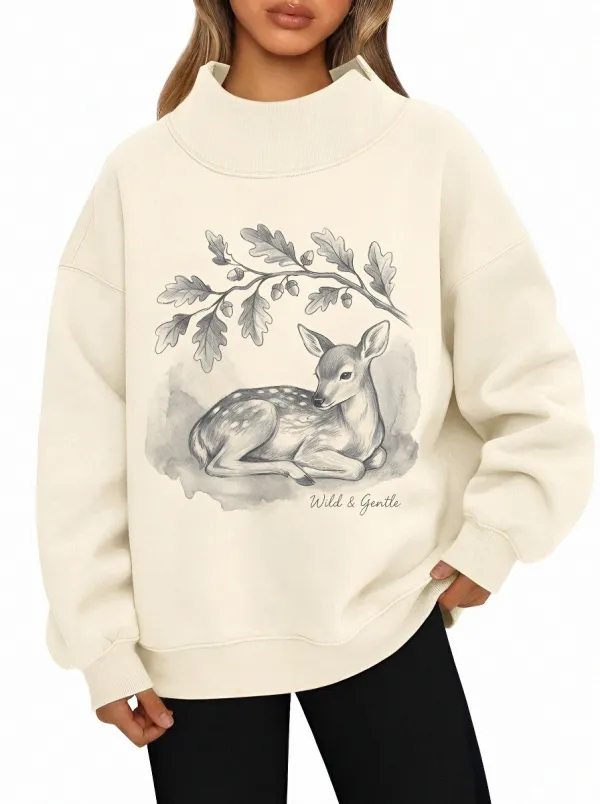 Women's Nature Lover Fawn Oak Leaf Printed Sweatshirt