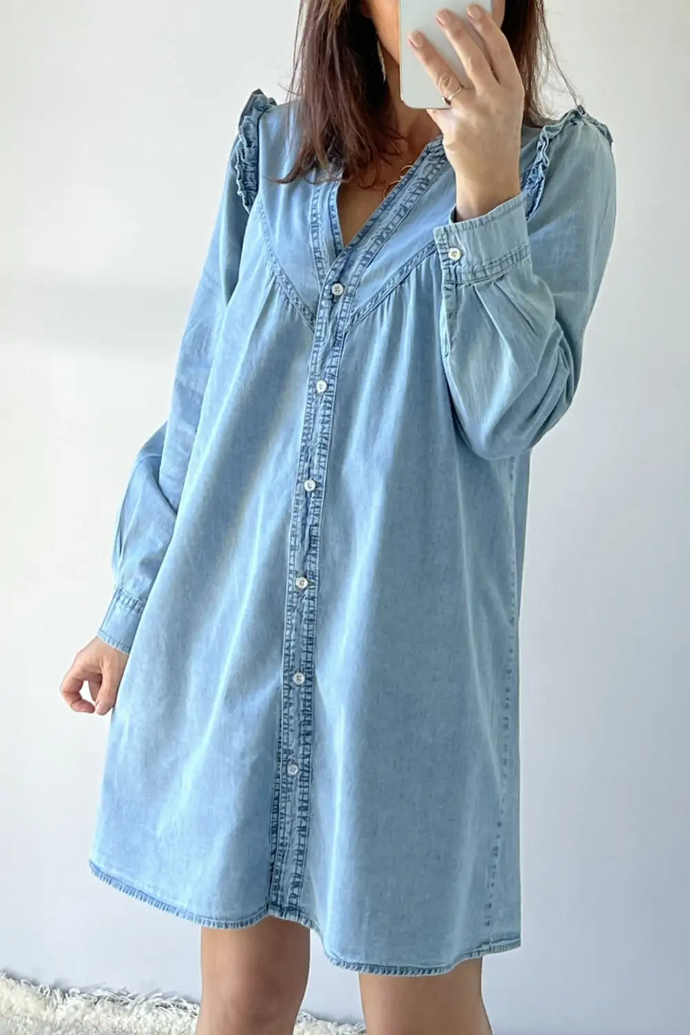 Daytime Denim Look Ruffle Trim Button Front Mini Dress