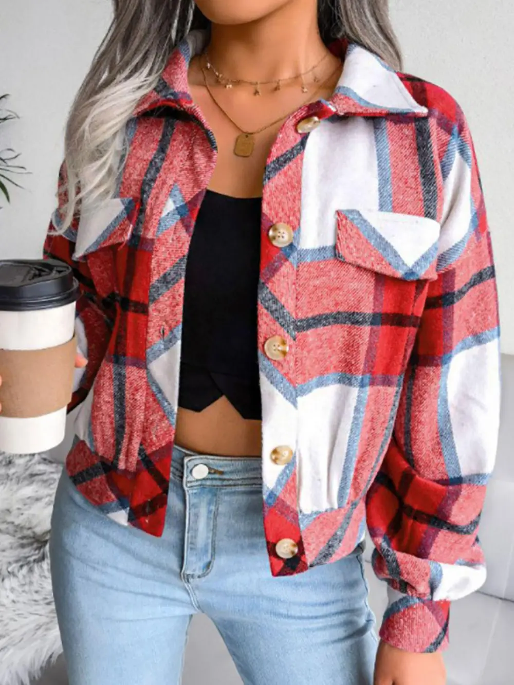 Refined Collared Plaid Jacket