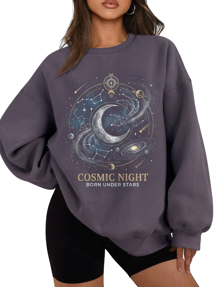 Women's Cosmic Night Astrology Moon Galaxy Printed T-shirt