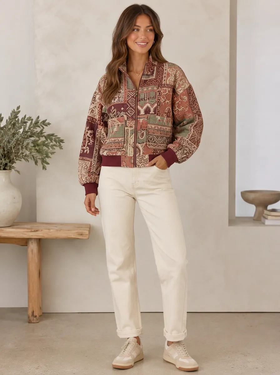 Women's Vintage Tapestry Pattern Printed Zip-up Jacket