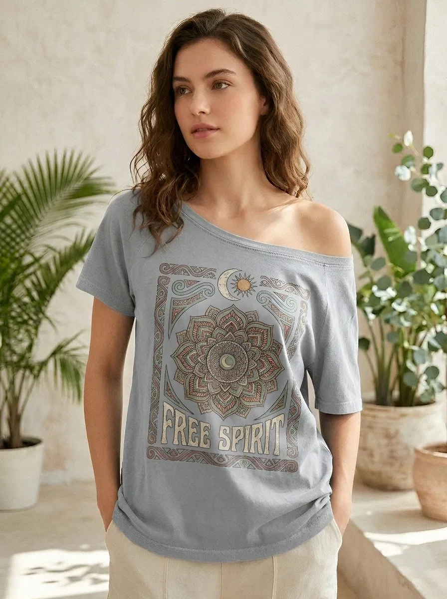 Women's Boho Free Spirit Mandala Moon Sun Printed T-shirt