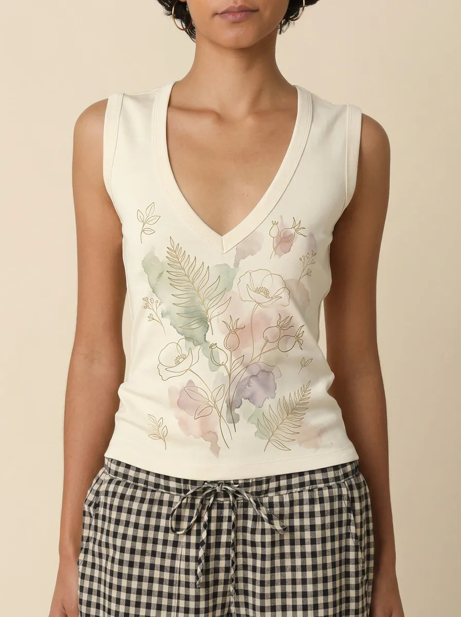 Women's Botanical Nature Lover Floral Watercolor Printed Tank Top